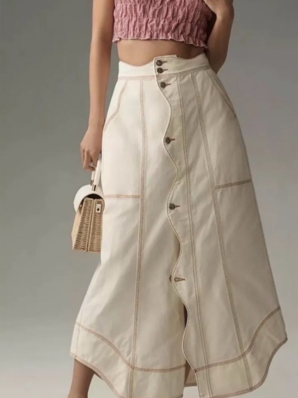 Farm Rio Wave Midi Denim Skirt in ivory, Size 26 like new.
